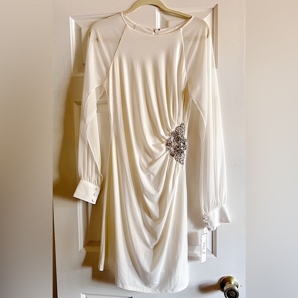Cream Asymmetrical Sheath Dress with Bishop Sleeves